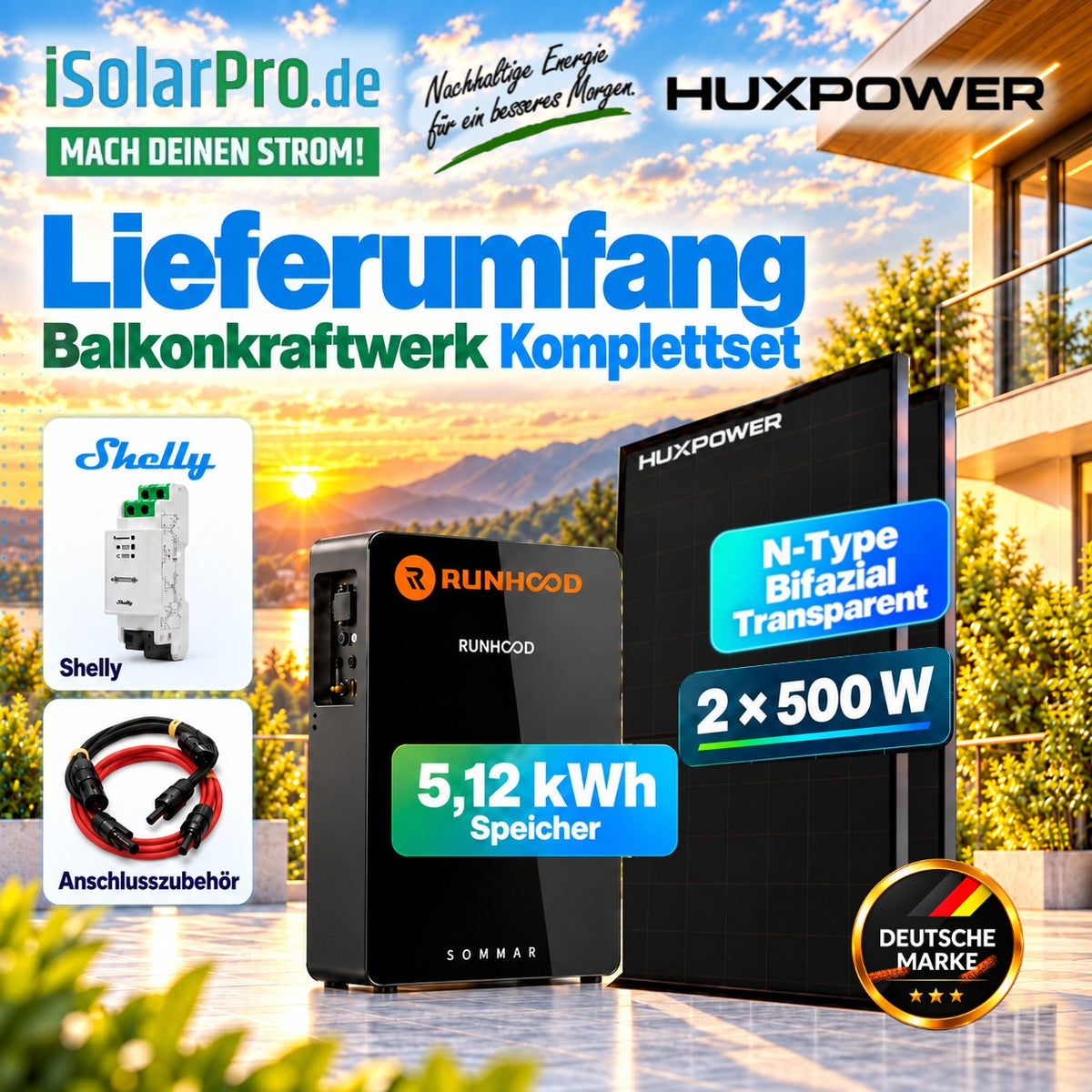 800W (2500W) | 1000Wp | 5,12kWh RUNHOOD SOMMAR R5200 Balkonkraftwerk-Set: 2× 500W HUXPOWER® HPTB500 + Solar-Speicher + Shelly Pro 3EM