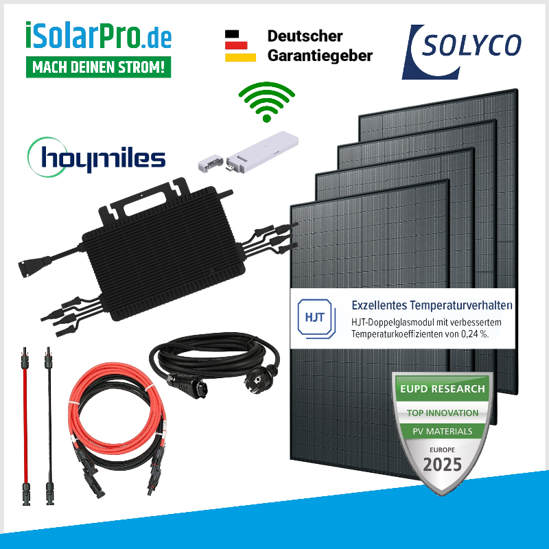 2000W SOLYCO Balkonkraftwerk -Set / 4x SOLYCO 500WGlas/Glas, bifazial, Full-Black, HJT+2000W Hoymiles Wechselrichter + WiFi-Stick