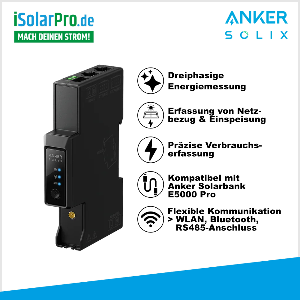 Anker SOLIX Smart Meter Gen 2 · 3-phasiger Energiemesser · 120 A · WLAN · Bluetooth · RS485 · für Solarbank 4 E5000 Pro