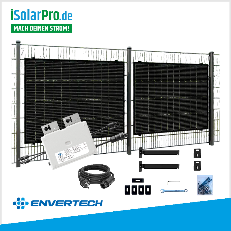 Solar-Zaun (angewinkelt) Komplettset 800W/860W 2x 430W HUX-POWER Solarmodule + 800W ENVERTECH Mikro-Wechselrichter