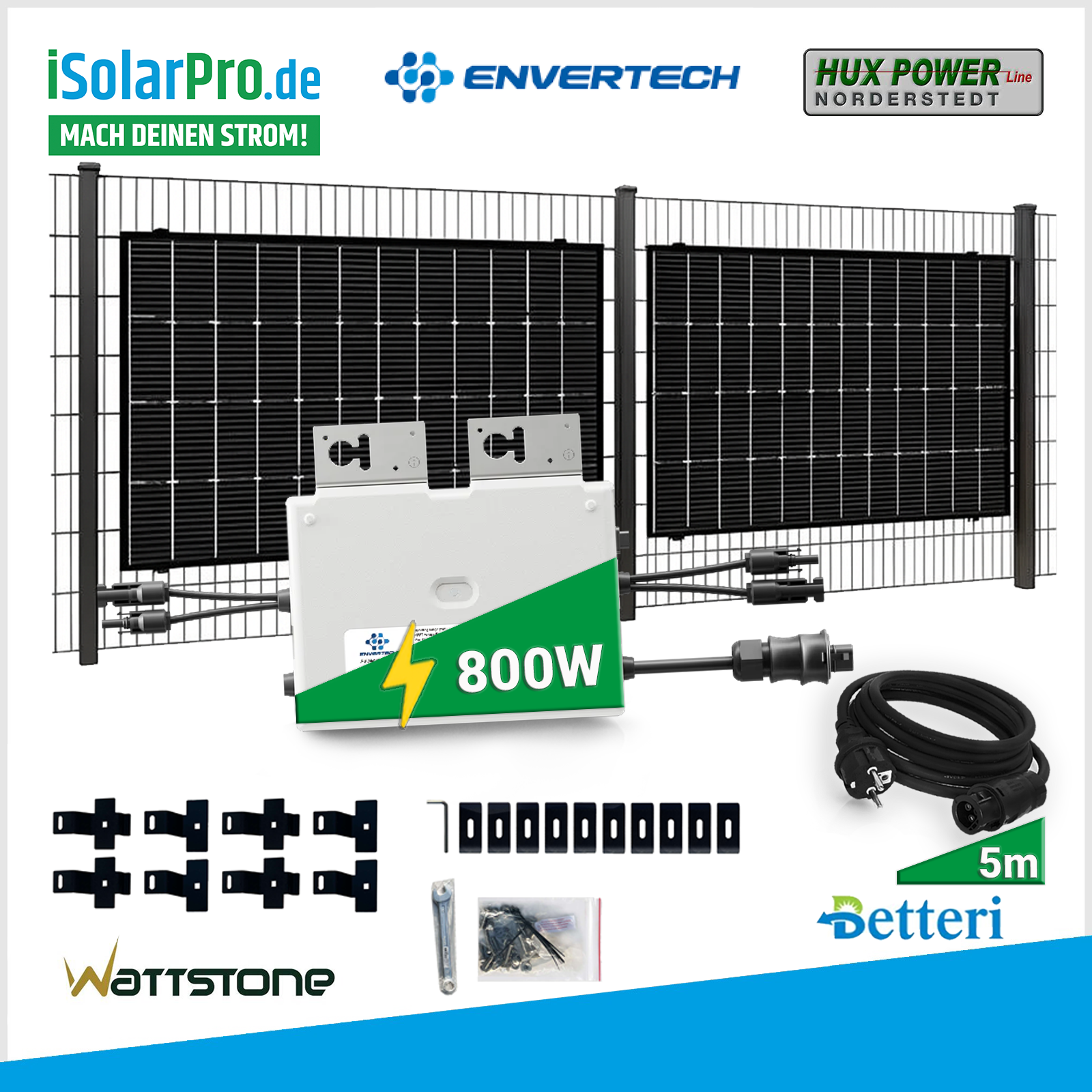 Solar-Zaun Komplettset 800W/860W 2x 430W HUX-POWER Solarmodule + 800W ENVERTECH Mikro-Wechselrichter