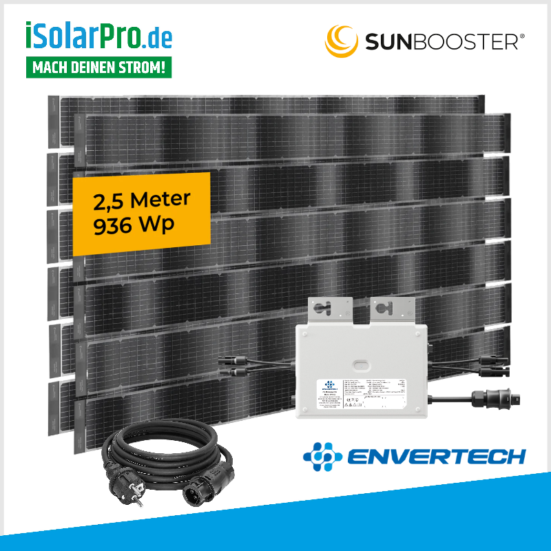 936/800W SOLAR-ZAUN Komplettset SUNBOOSTER VERTICAL 6x bifaziales, flexibles PV-Modul inkl. 800W ENVERTECH Weckselrichter