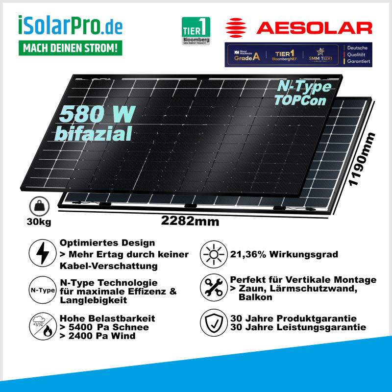 AESOLAR Terra V 580W Solarmodul Solarzaun PV Zaun