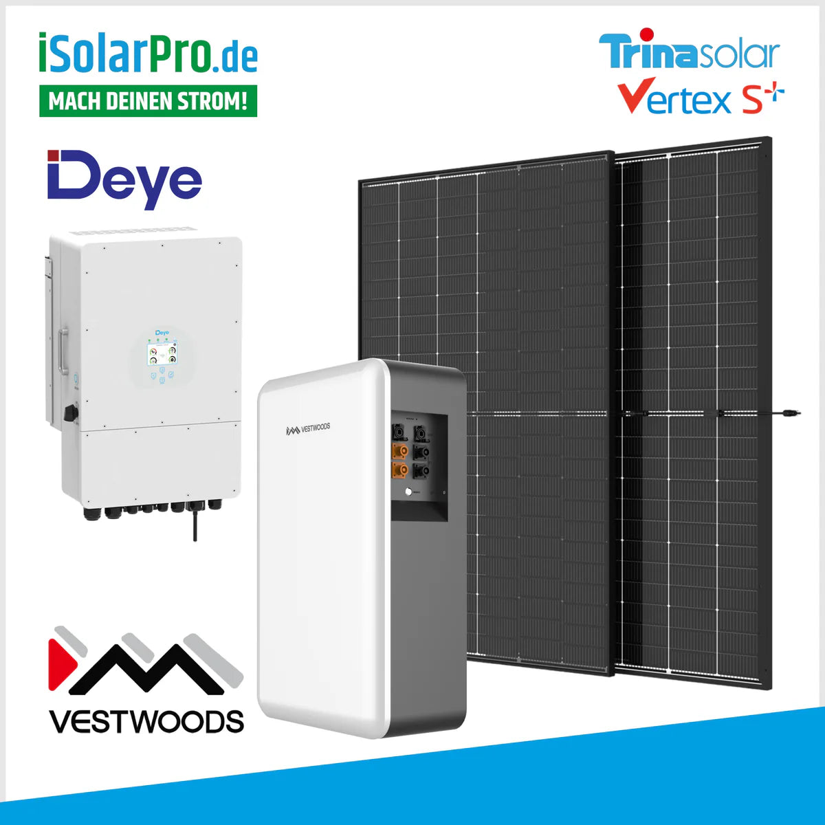 10 kW PV-Anlage Set 24 x 435W Trina Vertex S+, 10 kW Deye Wechselrichter + 10kWh VESTWOODS Solar Stromspeicher Niedervoltbatterie