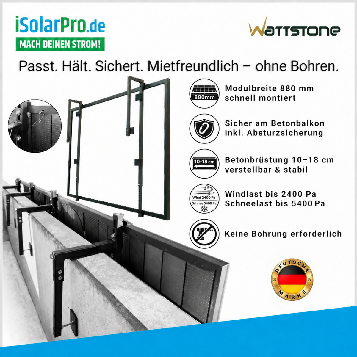 Wattstone Balkonhalterung für Betonbalkone mit Mauerstärken 10 bis 18cm für 1 Modul (max. 880mm Breite) inklusive Absturzsicherung