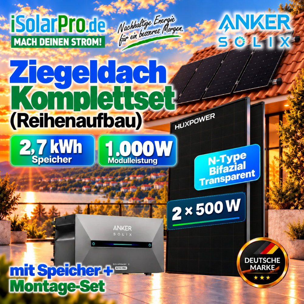 800W | 1000Wp | 2,7 kWh Anker SOLIX 3 E2700 + 2x500W HUXPOWER Balkonkraftwerk-Set mit Speicher für Ziegeldach (Reihenaufbau)
