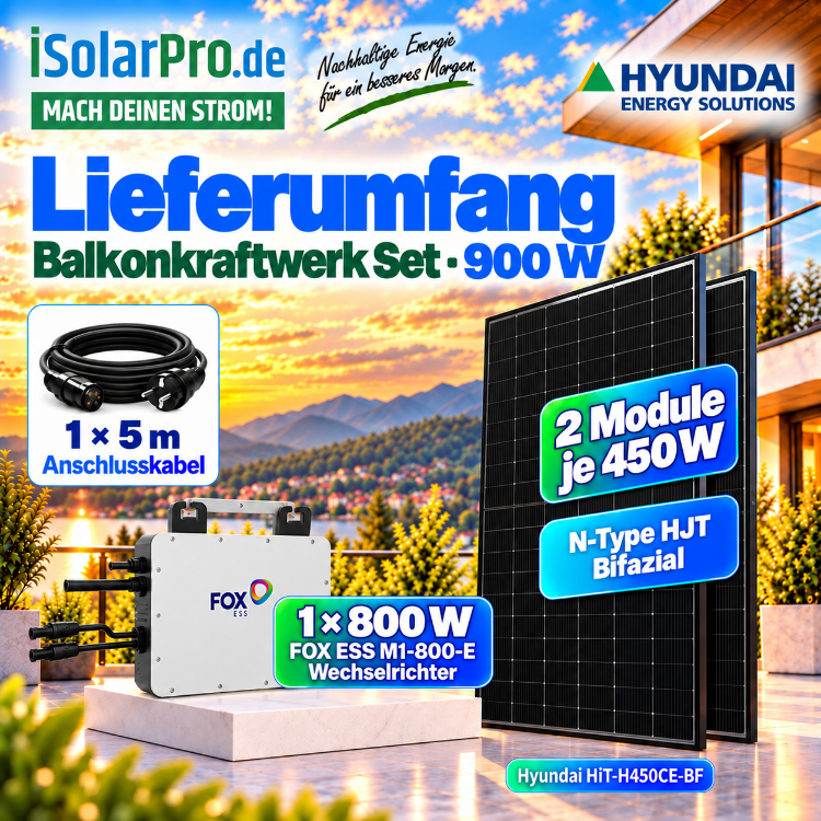 800W | 900Wp Balkonkraftwerk - Set | 2x 450W Hyundai HiT-H450CE-BF + 800W FOX ESS M1-800-E Mikro Wechselrichter + 5m Kabel Lieferumfang