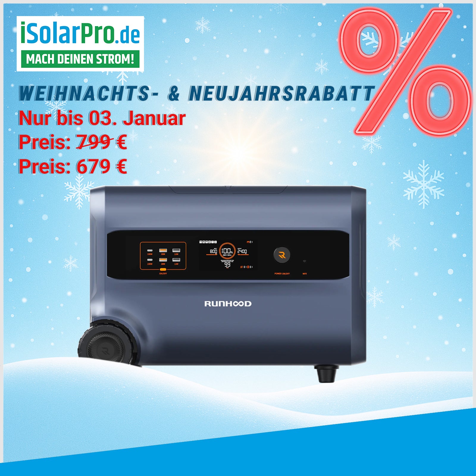 2,4 kWh RUNHOOD F2400 Balkonkraftwerk Solar-Speicher mit integriertem Mikro-Wechselrichter Batterie Portable Power Station