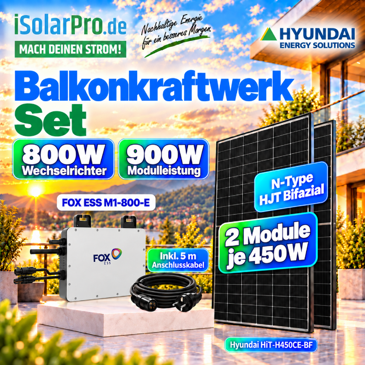 800W | 900Wp Balkonkraftwerk - Set | 2x 450W Hyundai HiT-H450CE-BF + 800W FOX ESS M1-800-E Mikro Wechselrichter + 5m Kabel