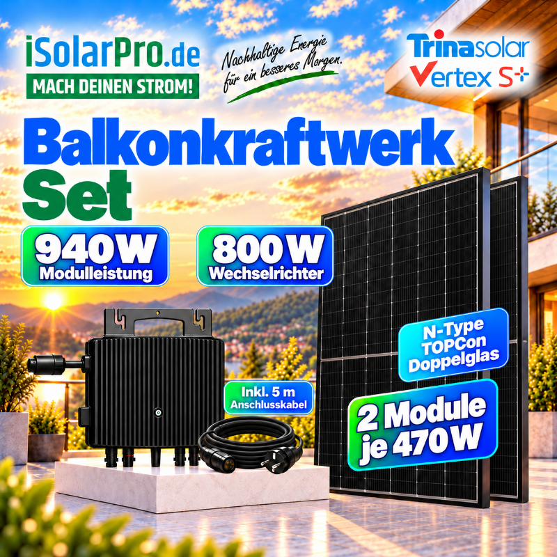 800W | 940Wp Balkonkraftwerk - Set | 2x 470W Trina Vertex S+ TSM-470NEG9R.28 + 800W ESTAR ENERGY ES-800-W Mikro Wechselrichter