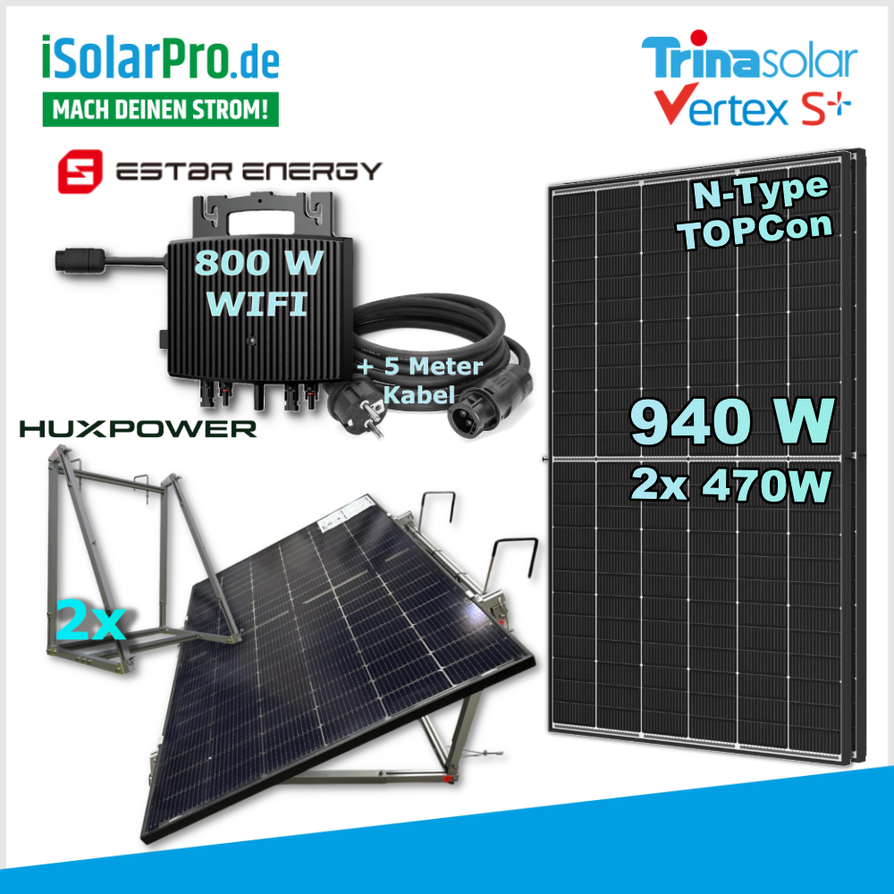 800W | 940Wp Balkonkraftwerk-Set – steckerfertig: 2x 470W Trina Vertex S+ TSM-470NEG9R.28 + 1x ESTAR ENERGY ES-800-W Mikro Wechselrichter + HUX-POWER® 2.0 Balkonkraftwerk universal Solarmodul-Halterung