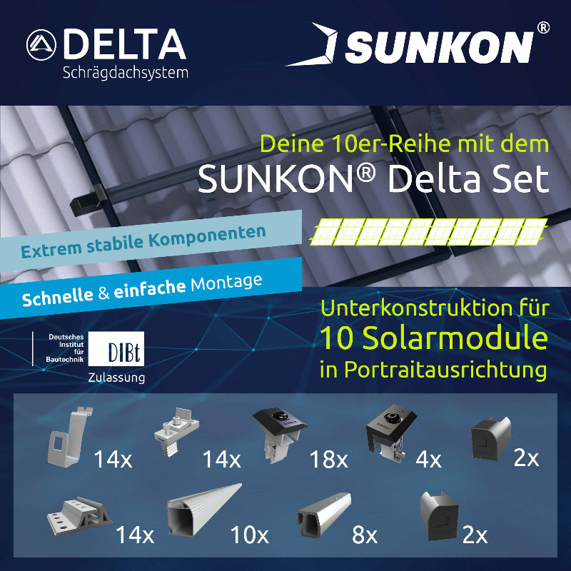 SUNKON Unterkonstruktion KOMPLETTSET für 10x PV-Module in Reihe Hochkant Ziegeldach