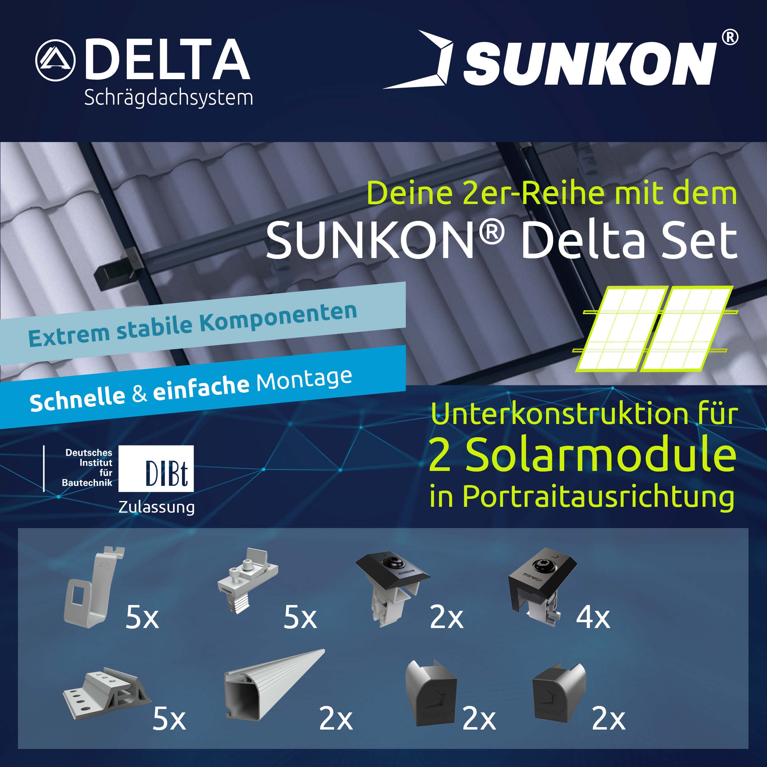 SUNKON Unterkonstruktion KOMPLETTSET für 2x PV-Module in Reihe Hochkant Ziegeldach