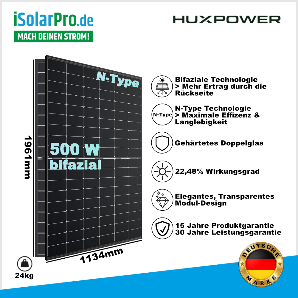 500W HUXPOWER® HPTB500 · N-Type · TRANSPARENT · BIFAZIAL · Doppelglas · 1961×1134×30 mm Solarpanel Photovoltaik