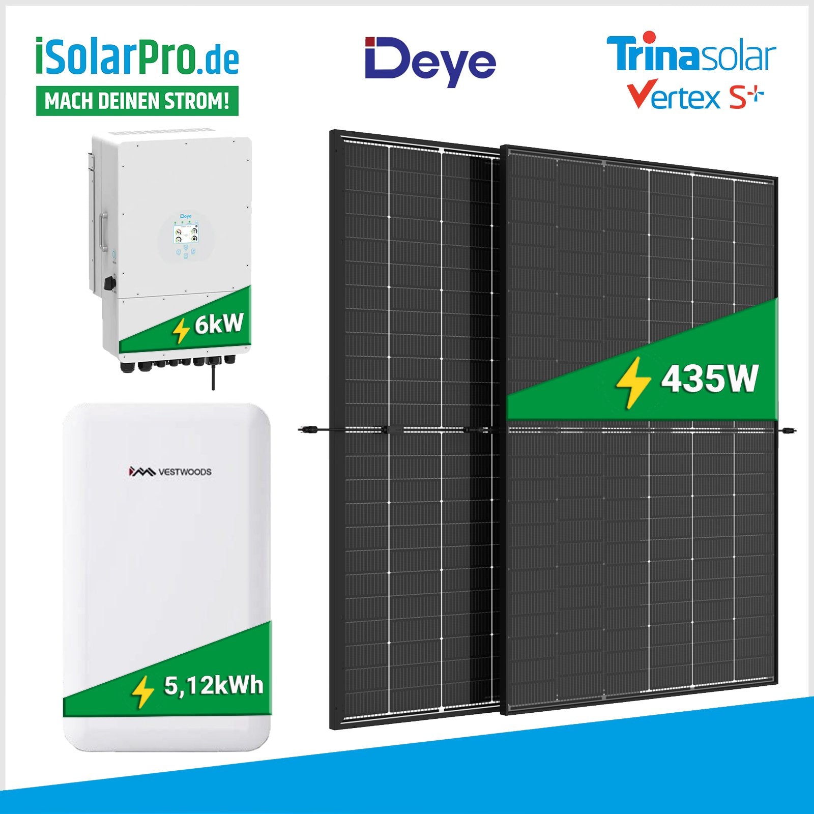 6kW PV-Komplettset: 15x 435W Trina Vertex S+ bifazial TRANSPARENT + Deye 6kW Hybridwechselrichter + Vestwoods 5,12kWh