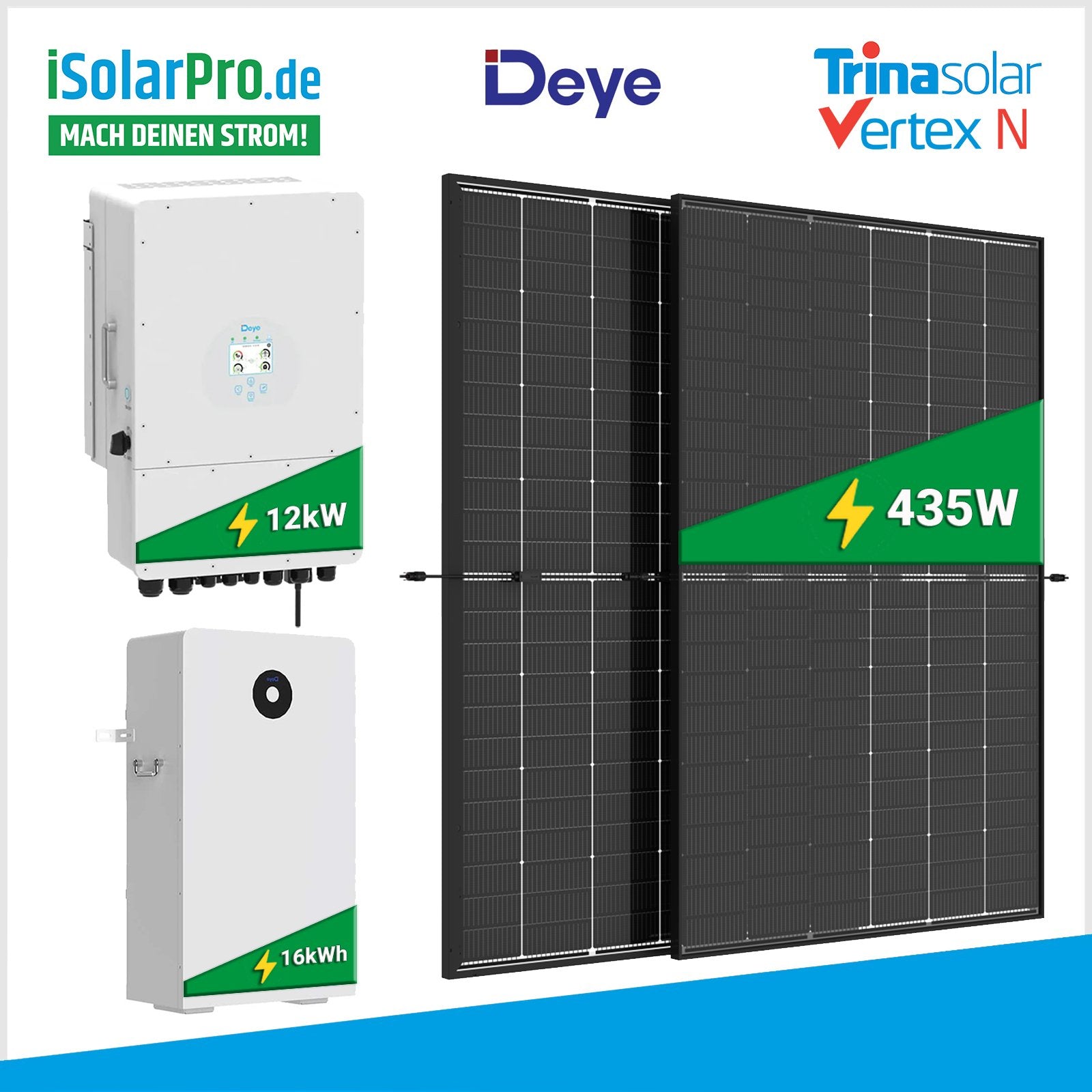 12 kW PV-Komplettset: 28x Trina 435W Bifazial TRANSPARENT Solarmodule + Deye 12kW Hybridwechselrichter + RW-F16 14,4kWh Speicher