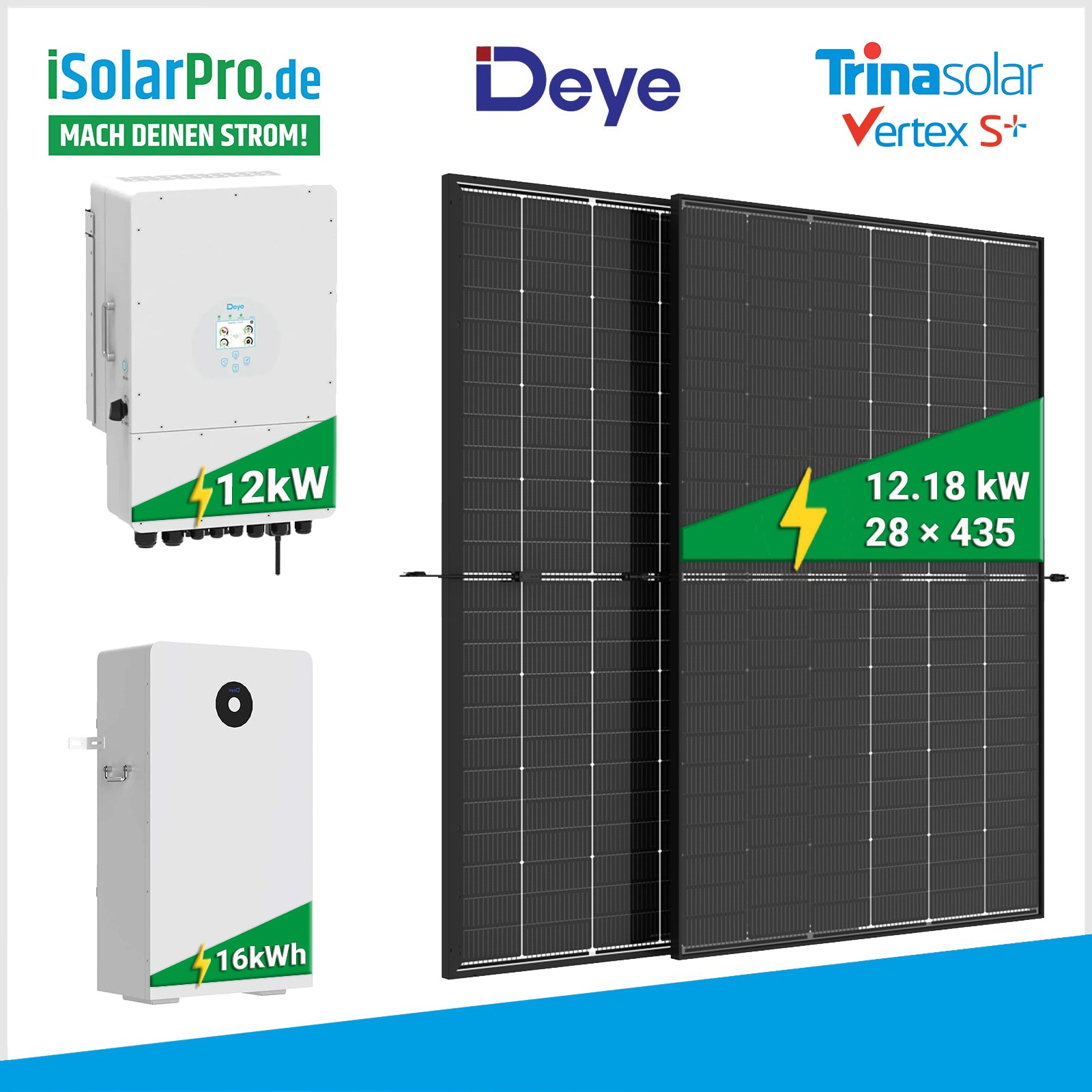 12 kW PV-Komplettset: 28x Trina 435W Bifazial TRANSPARENT Solarmodule + Deye 12kW Hybridwechselrichter + RW-F16 14,4kWh Speicher