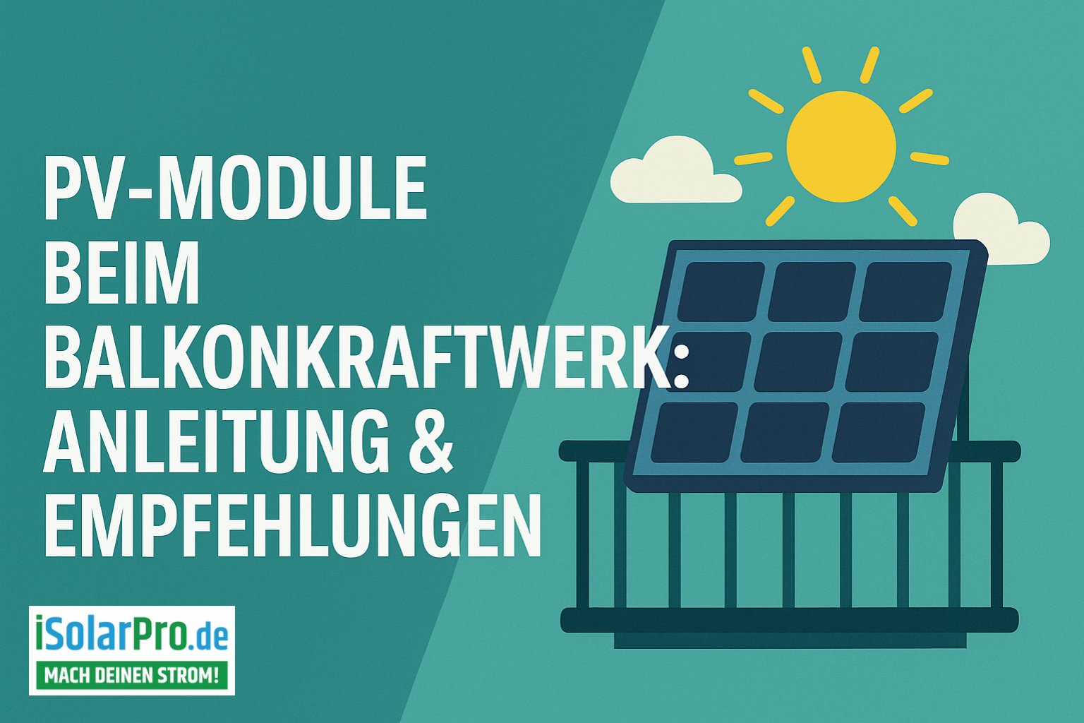 Illustration eines Balkonkraftwerks mit PV-Modul, Sonne und Wolken, Titeltext „PV-Module beim Balkonkraftwerk: Anleitung & Empfehlungen“ im Querformat