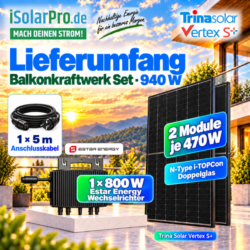 800W | 940Wp Balkonkraftwerk - Set | 2x 470W Trina Vertex S+ TSM-470NEG9R.28 + 800W ESTAR ENERGY ES-800-W Mikro Wechselrichter
