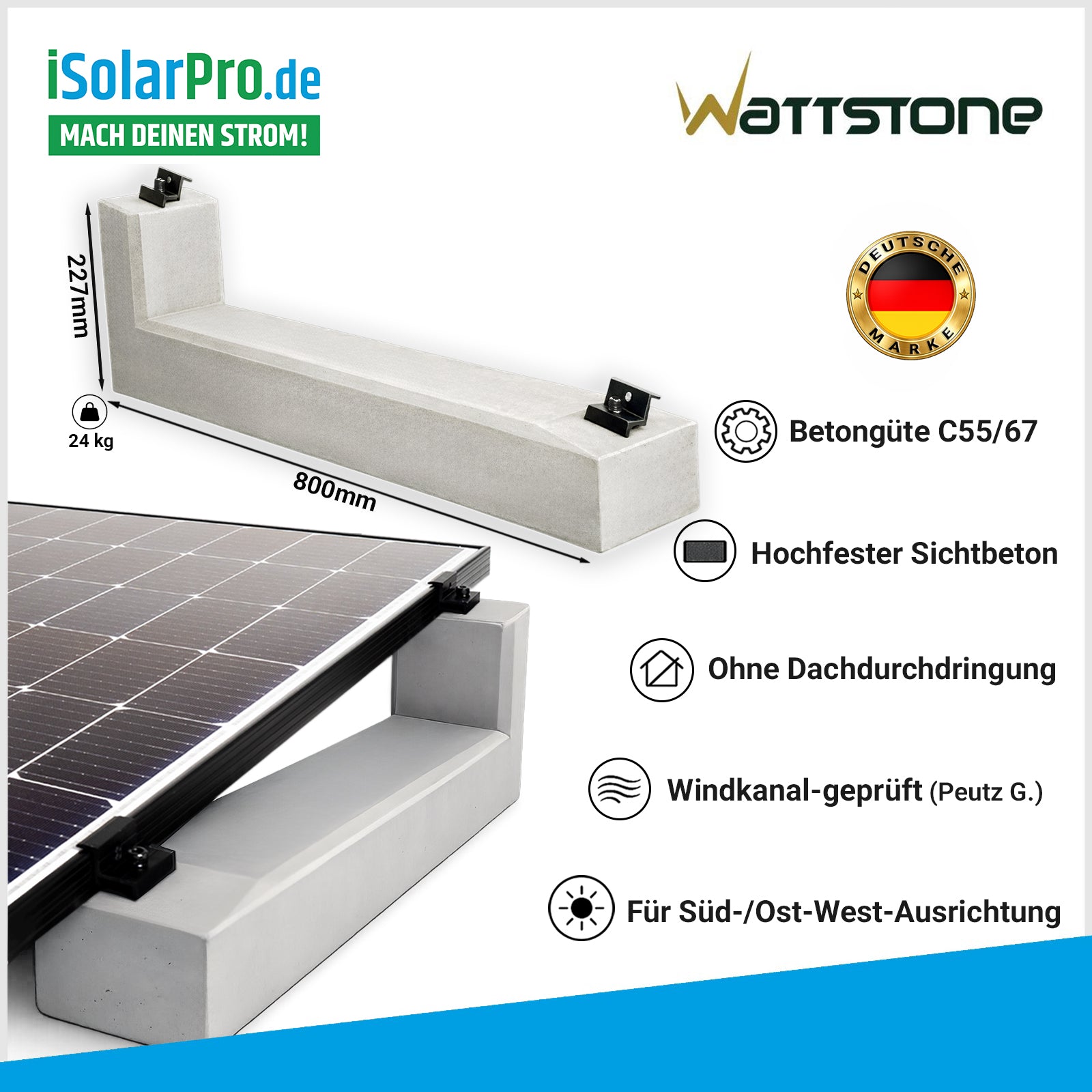 10 Grad Wattstone V1 Flachdach Aufständerung aus Feinbeton Naturgrau für PV Solarmodule