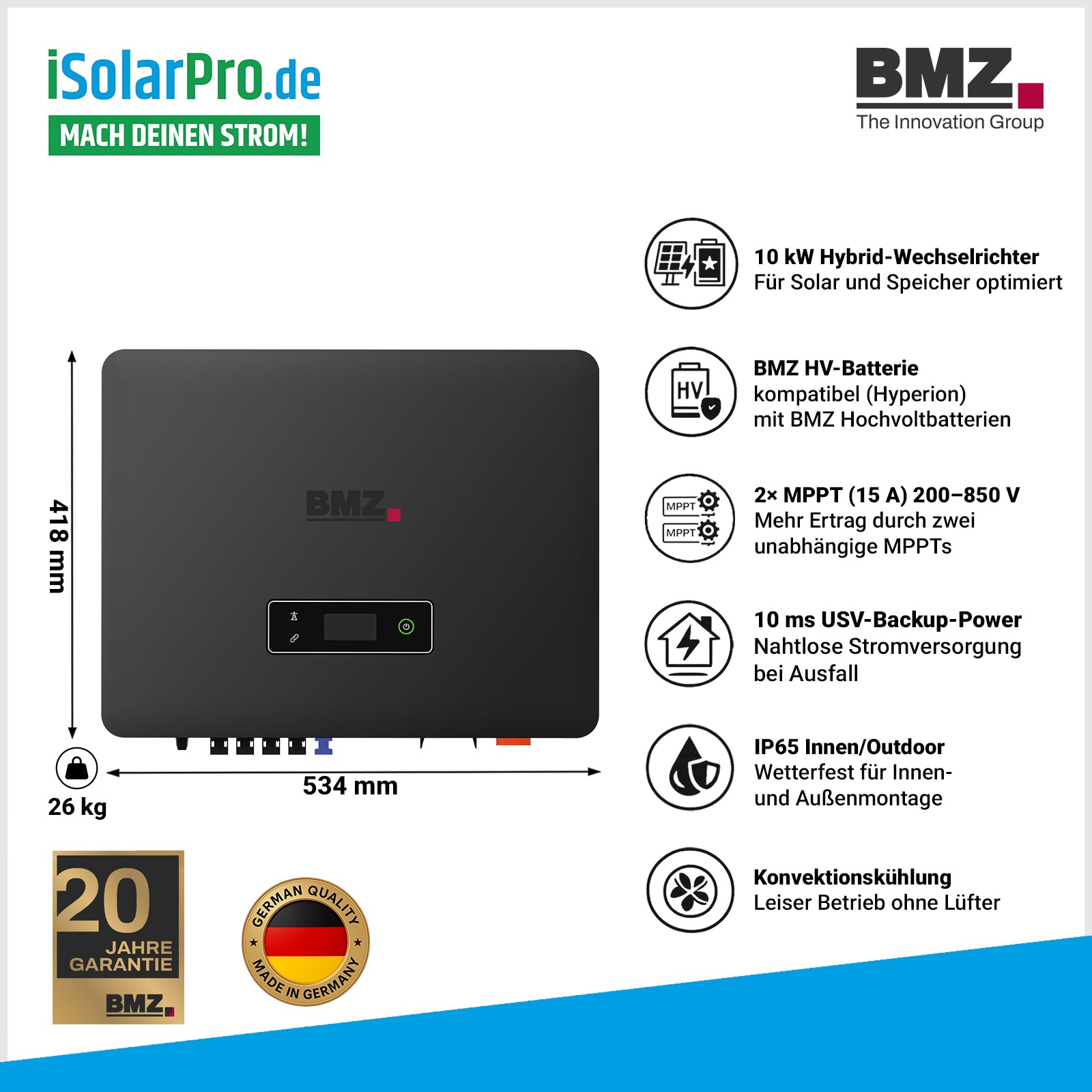 10 kW BMZ POWER2GRID PURE Hochvolt Hybrid-Wechselrichter für höchste Ansprüche