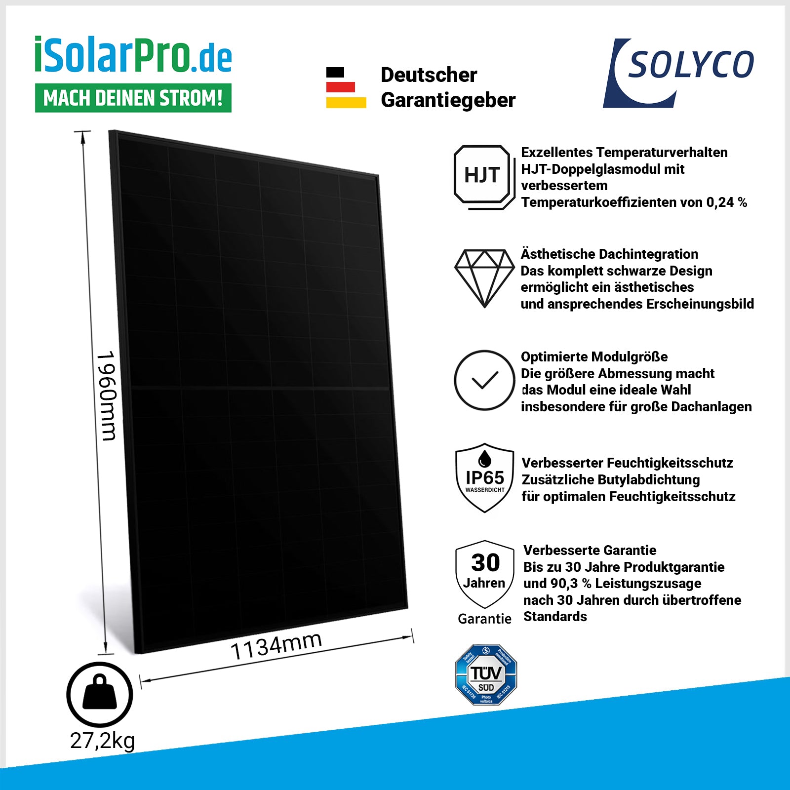500W SOLYCO R-BG 108h.5/500 Glas/Glas, bifazial, Full-Black, HJT 1960x1134x30mm Solarpanel Solarmodul Photovoltaik