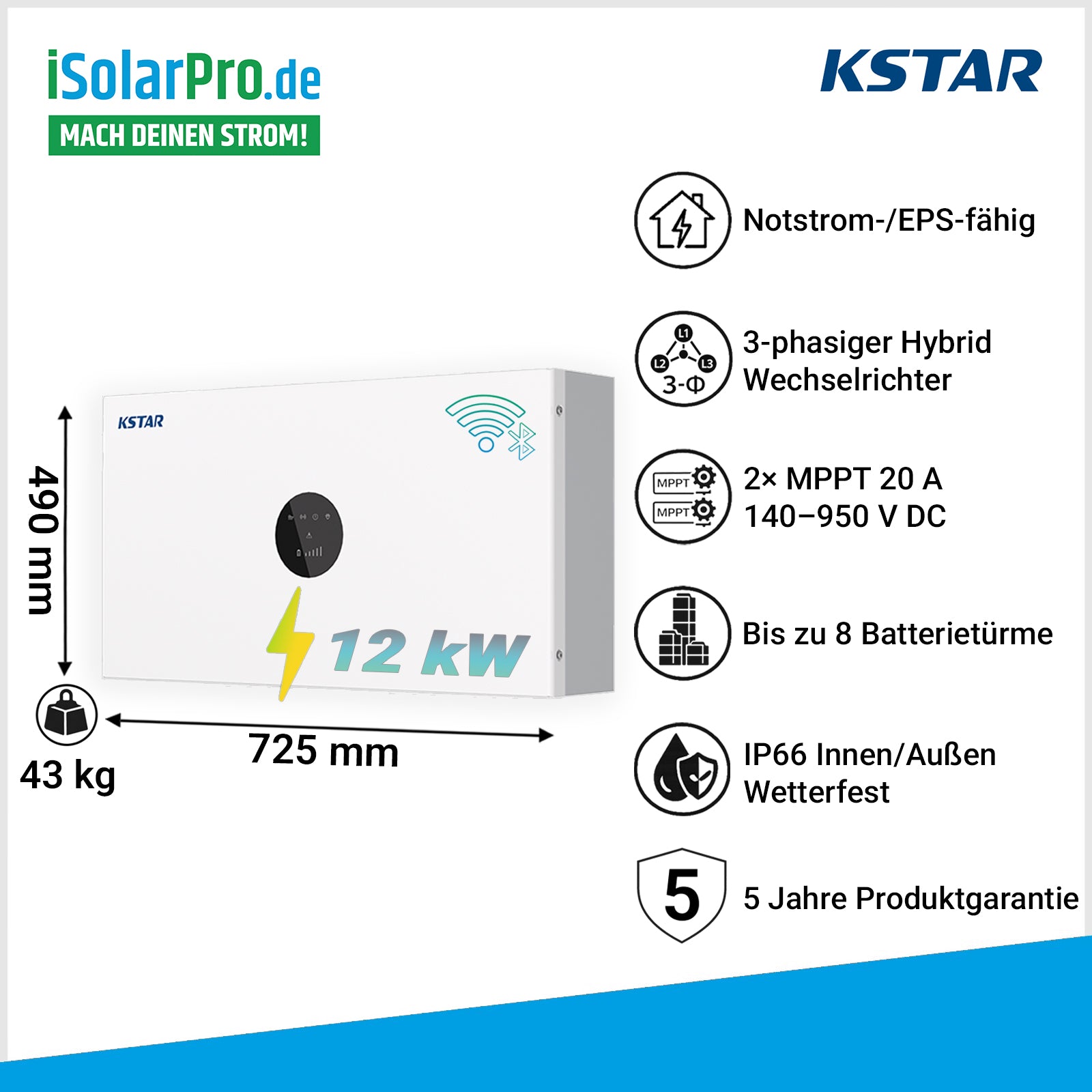 12 kW KSTAR BlueSpark E12KT-D22 Hybrid Wechselrichter – 3-phasig IP66 ESS D22 Serie