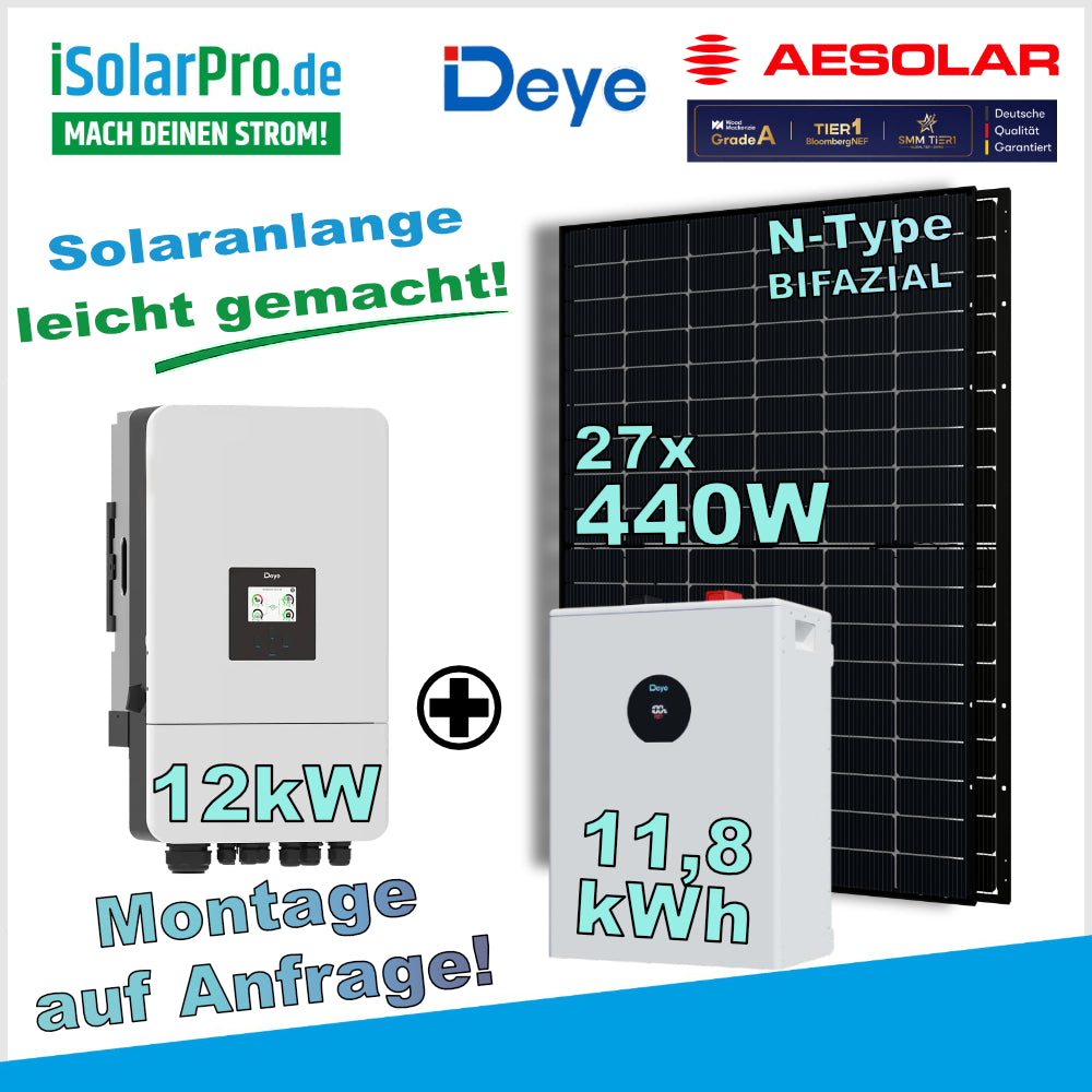 12kW PV-Anlage Set 27x 440W AESOLAR HORIZON + 12kW Deye Wechselrichter + 11,8 kWh Deye Solarstrombatterie