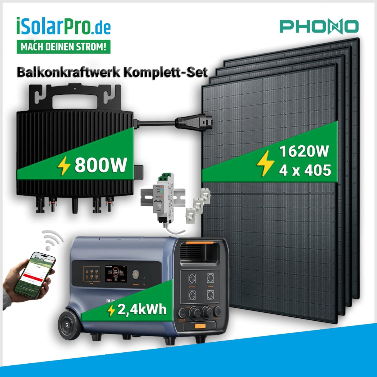 1620kW/2400kWh RUNHOOD F2400 Balkonkraftwerk Solarspeicher+ 4x 405W PHONO Solarmodule