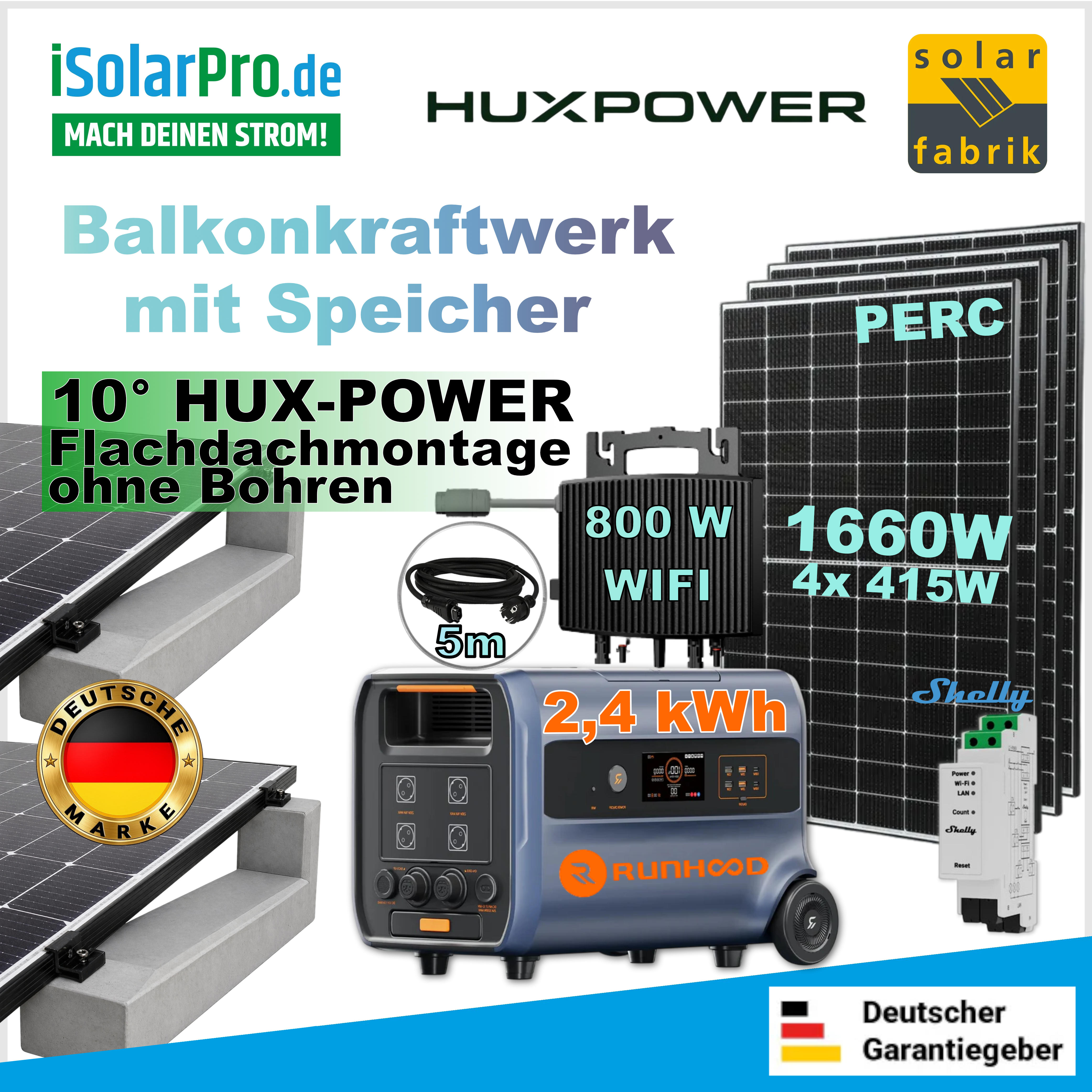 1660W Balkonkraftwerk Komplettset mit 2.4kWh RUNHOOD F2400 Powerstation & HUX-POWER® 10°– Flachdachaufständerung + 4x 415W Solar Fabrik Mono S4 Halfcut Solarmodule
