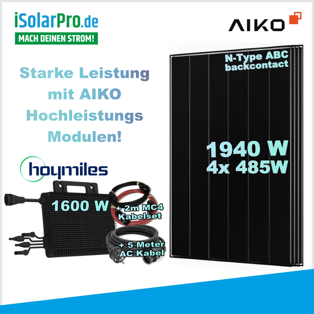 1600W | 1940Wp Balkonkraftwerk Komplettset mit 4x 485W AIKO Neostar 3P+ 54 A-MCE54Dw · 1600W Hoymiles Mikro Wechselrichter HMS-1600-4T +5m HMS Kabel + 4x 2m MC4 Verlängerungsset