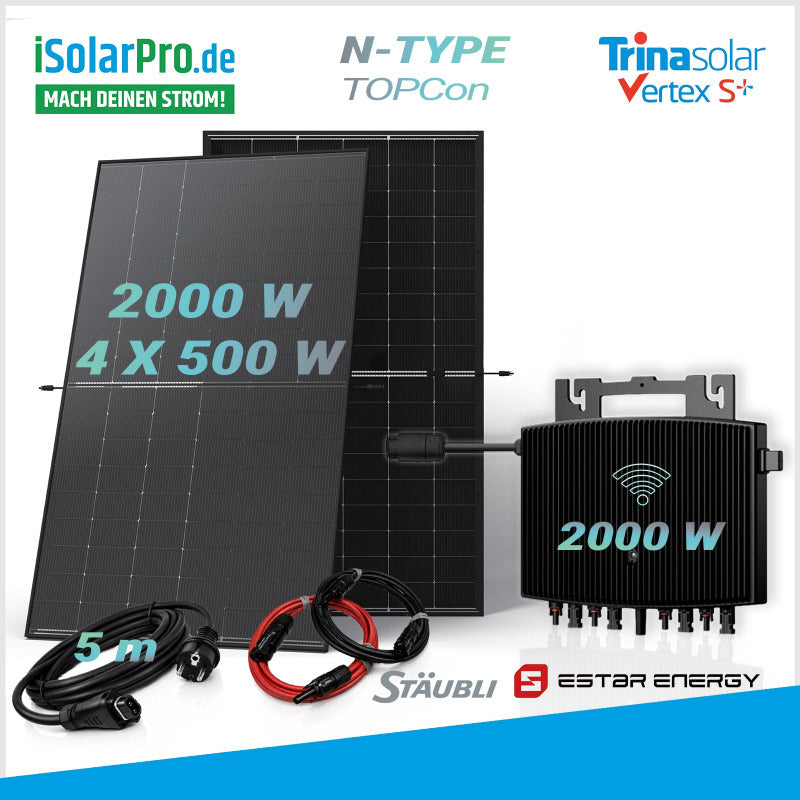 2000W Balkonkraftwerk 4x 500W Trina Solar Vertex S+TSM-NEG18RC.27 BIFAZIAL TRANSPARENT Glas/Glas N-Typ i-TOPCon Solarmodule + 2000W ESTAR Energy ES-2000-W – Mikro-Wechselrichter mit Wi-Fi & Bluetooth (4 MPPT)