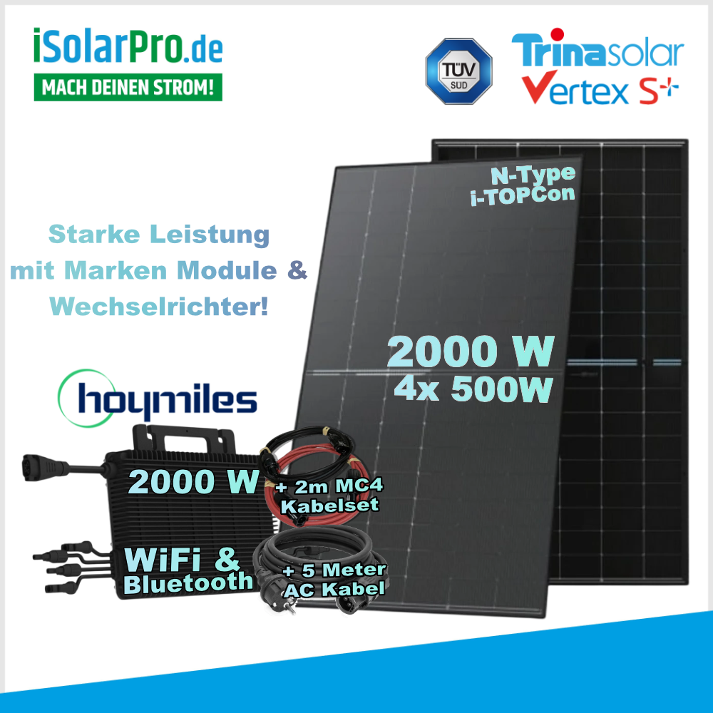 2000W | 2000Wp Balkonkraftwerk Komplettset mit 4x 500W Trina Solar Vertex S+ · Hoymiles HMS-2000-4WB WiFi inkl. 5m Flex S3 Anschlusskabel