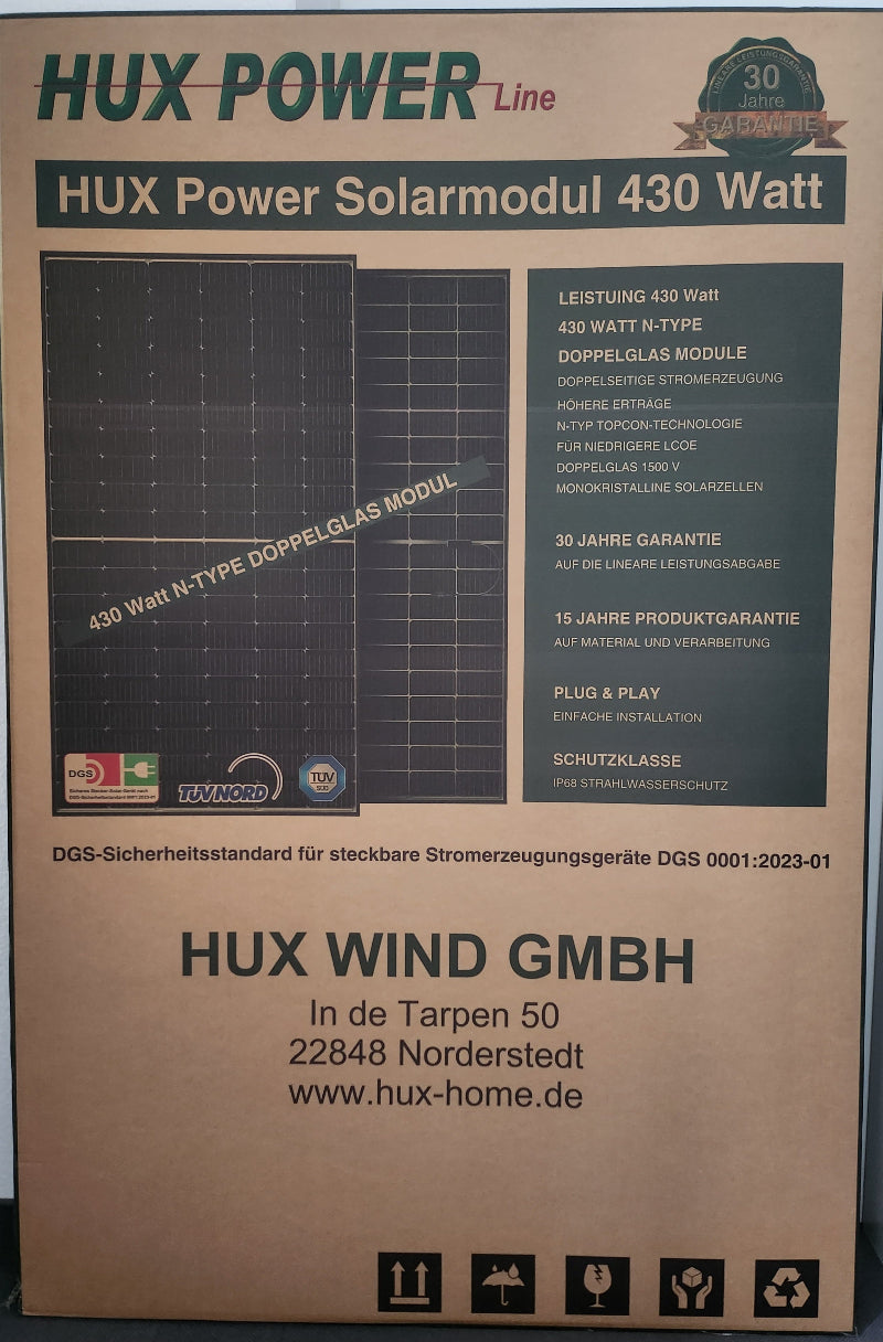 430W HUX-POWER TRANSPARENT TOPCon Full Black Bifacial N-Type Solarmodule 1722x1134x30 Photovoltaik Solarpanel