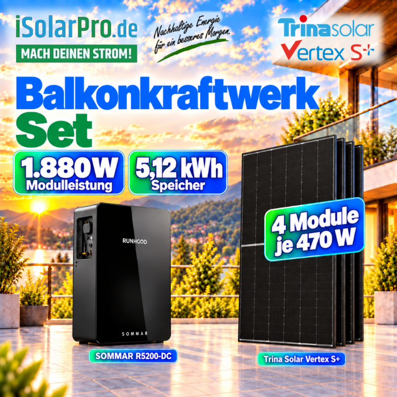 800W | 1880Wp Steckerfertiges RUNHOOD Balkonkraftwerk-Komplettset mit 5,12 kWh Speicher | 4x Trina 470W | HUXPOWER® Flachdachmontage | komplett inkl. Zubehör