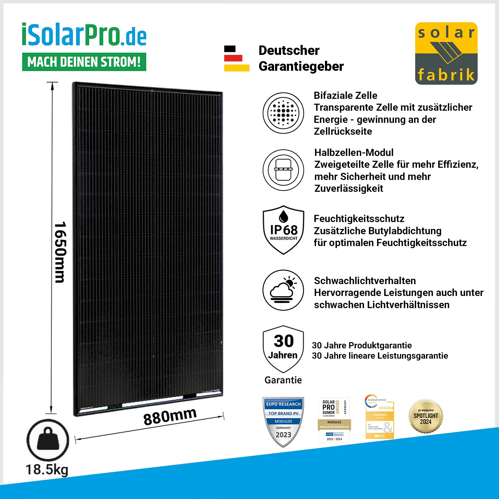 300Wp Solar Fabrik Mono S5 Halfcut Solarmodule Glas/Glas, TRANSPARENT N-Type, bifazial 1650 x 880 x 30mm