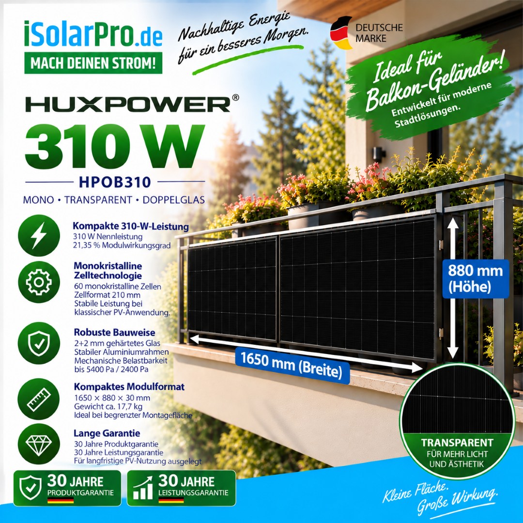 310W HUXPOWER® HPOB310 · TRANSPARENT · Doppelglas · 1650x880x30 mm Solarpanel Solarmodul Photovoltaik