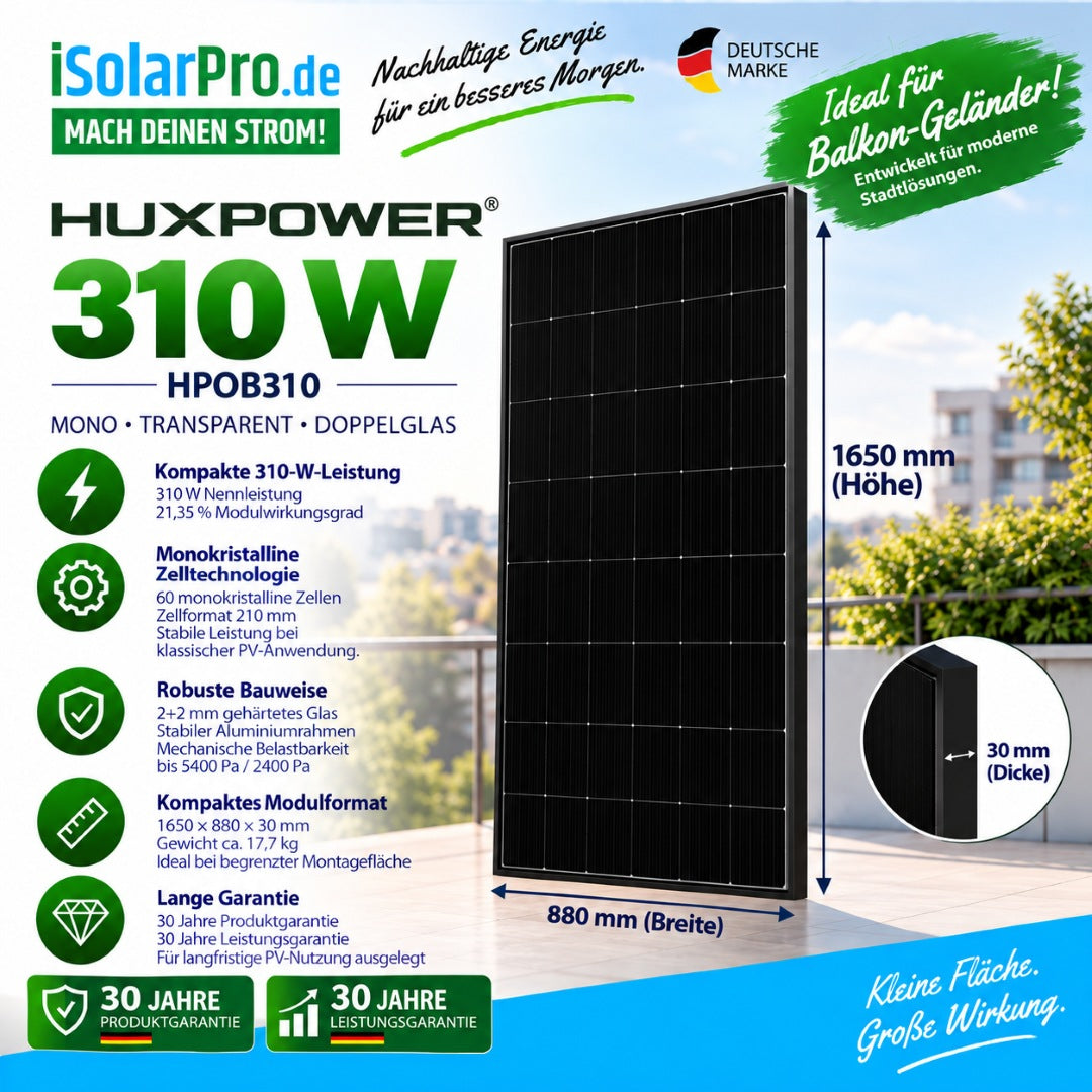 310W HUXPOWER® HPOB310 · TRANSPARENT · Doppelglas · 1650x880x30 mm Solarpanel Solarmodul Photovoltaik