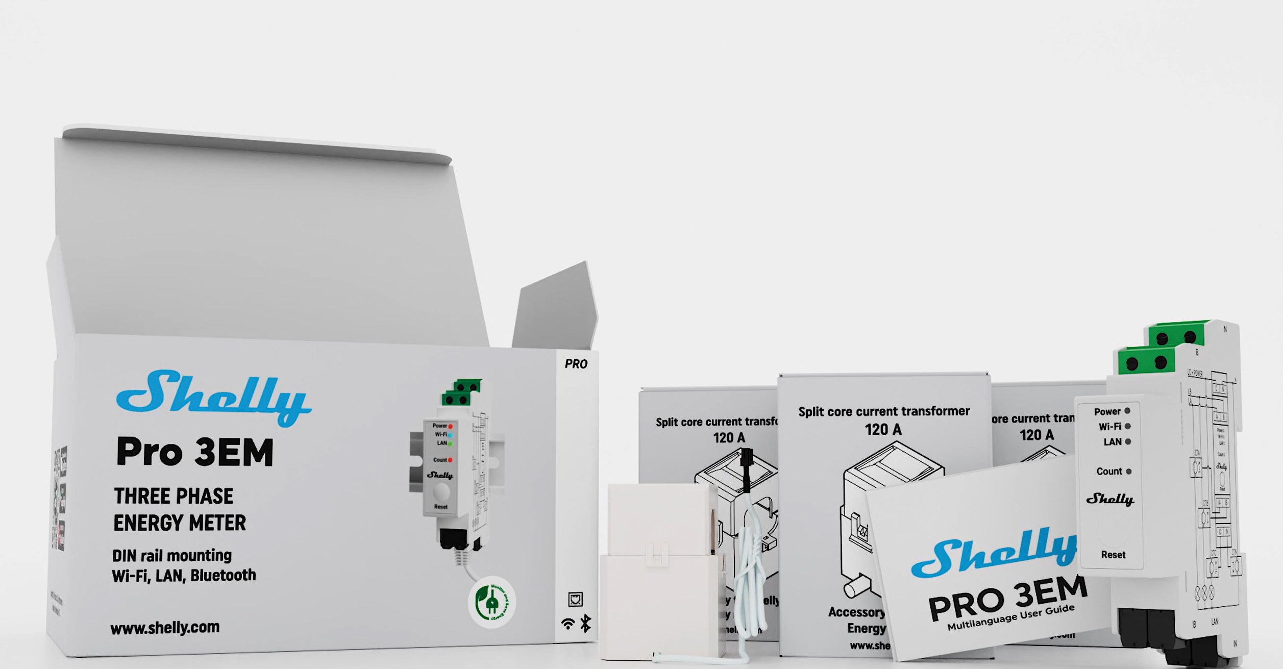 Shelly Pro 3EM 3x 120A Inkl. 3 CT Klemmen, Stromverbrauchsmessgerät, Energiemessgerät, Smartmeter