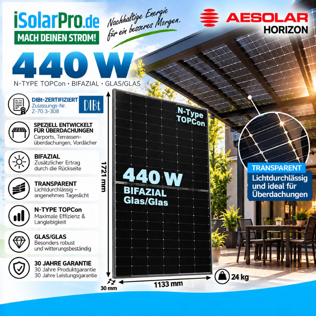 440W AESOLAR HORIZON DIBt-ZERTIFIZIERT Bifazial Solarmodul für Carport und Terrassendach