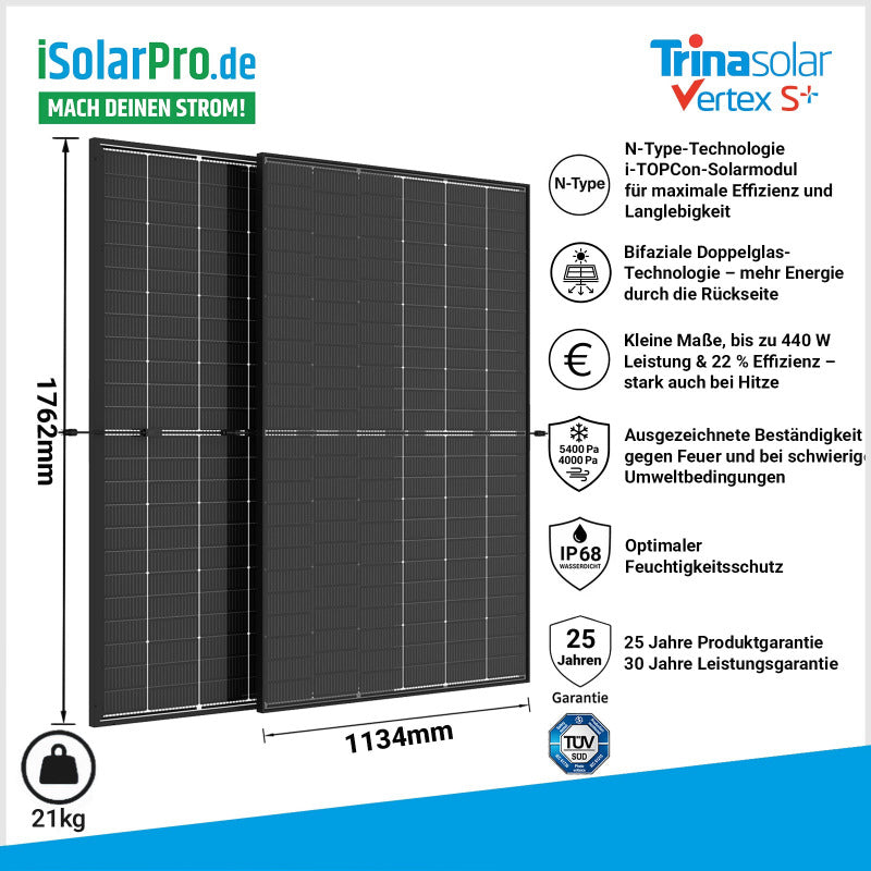 1,76 kWp/2,4 kWh Balkonkraftwerk mit Speicher · RUNHOOD · 4x 440W TRINA VERTEX S+ bifaziale Full-Black TRANSPARENT Module