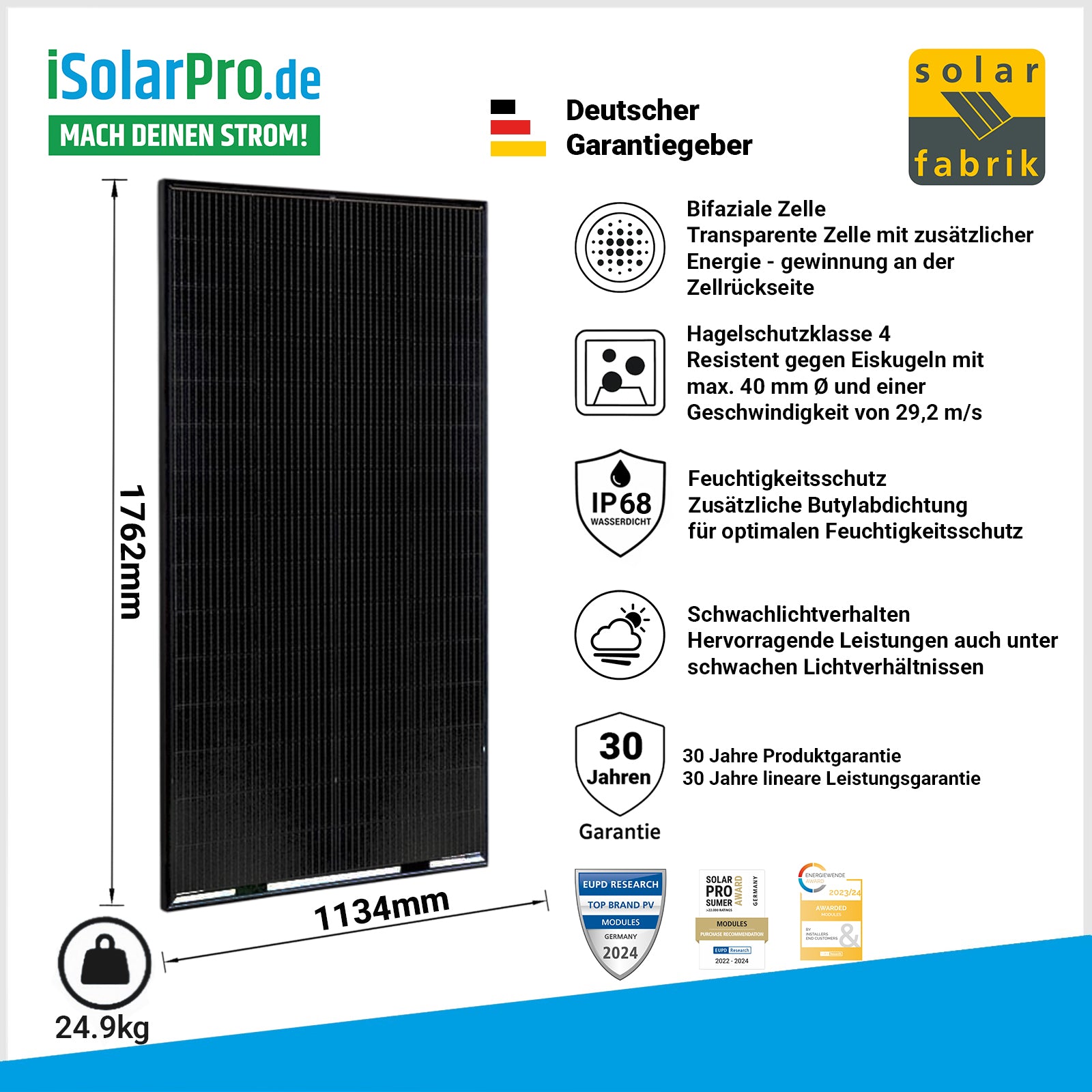450W Solar Fabrik Mono S4 Halfcut | Trend Full Black Bifaziales Doppelglas-Solarmodul N-TYPE/TOPCon Hagelschutzklasse 4