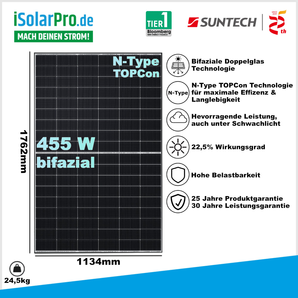 800W | 910W Balkonkraftwerk-Set: 2x 455W Suntech Ultra V Pro N-Type TOPCon Bifaziales Solarmodul + 1x ESTAR ENERGY ES-800-W Mikro Wechselrichter