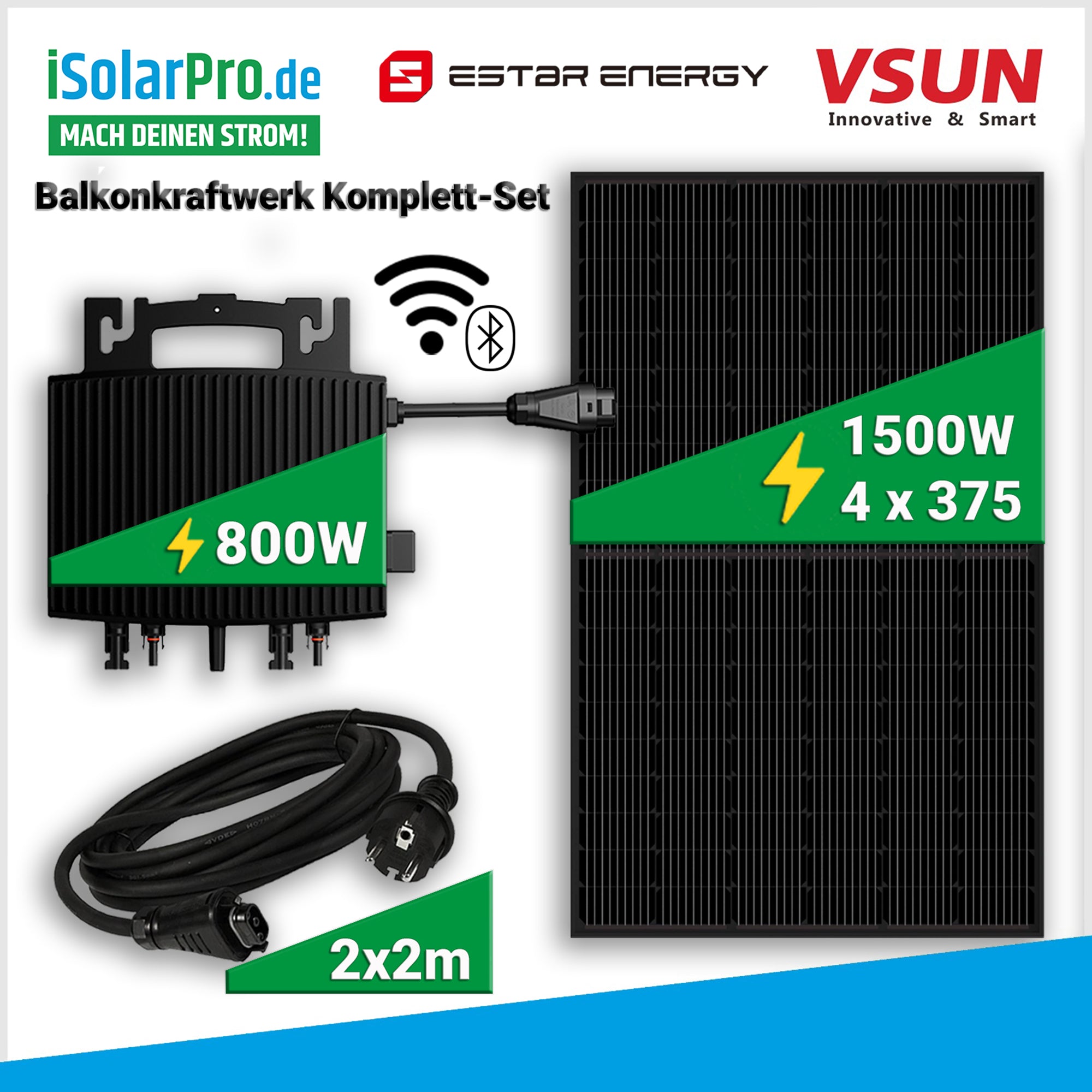 1500W/800W Balkonkraftwerk Set: 4× VSUN 375W Solarmodule + ESTAR ENERGY ES-800W Mikroinverter + Zubehör