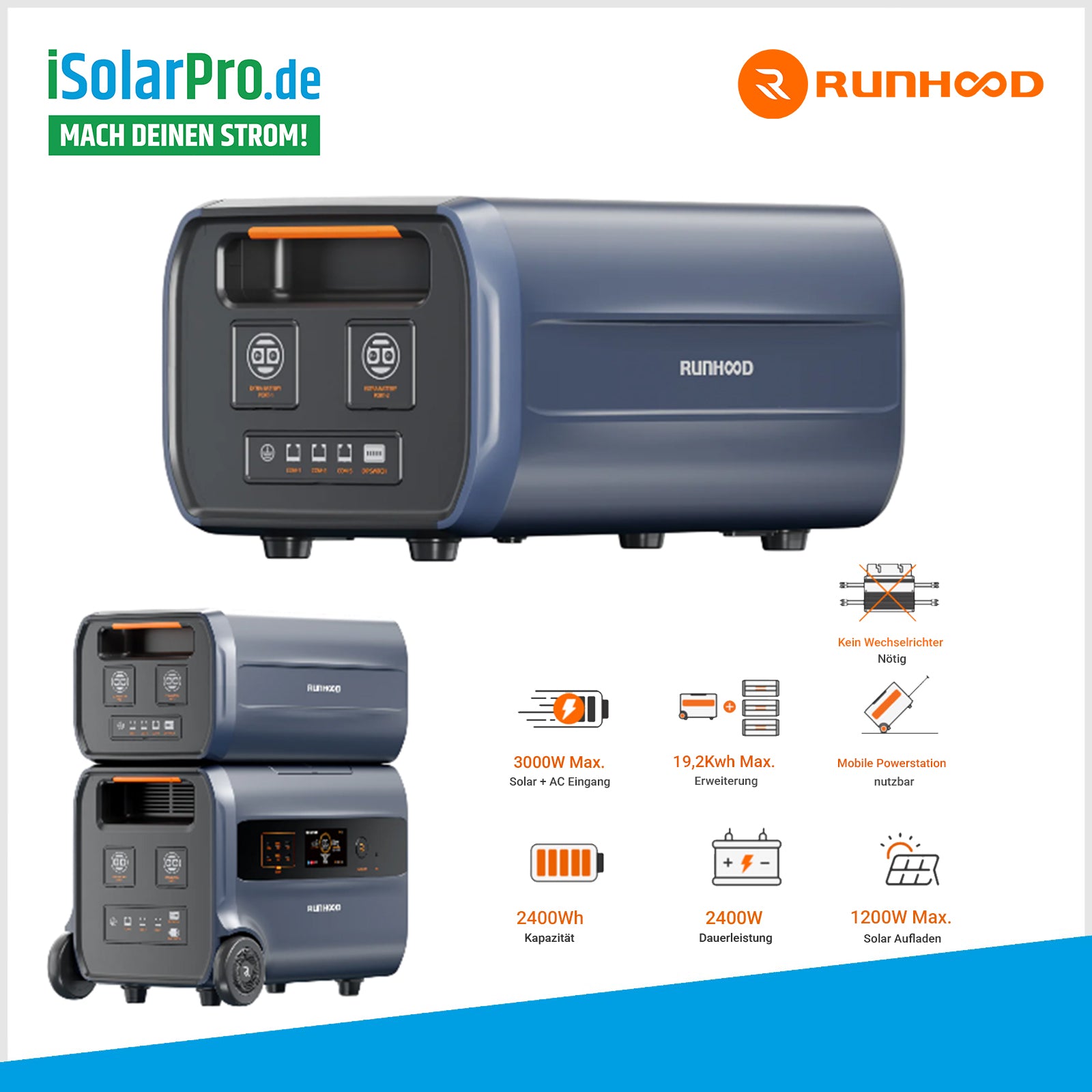 2,4 kWh RUNHOOD B2400 Erweiterungsbatterie für F2400 Balkonkraftwerk Solar-Speicher Batterie Portable Power Station