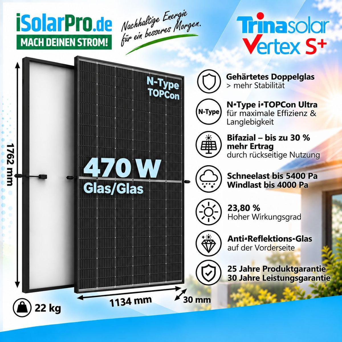 Trina Solar Vertex S+ 470W Glas/Glas Solarmodul Technische Daten und Maße Infografik