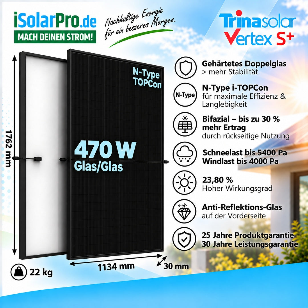 470W Trina Vertex S+ TSM-470NEG9R.28 · N-Type i-TOPCon · Glas/Glas · 1762x1134x30mm Solarpanel Photovoltaik