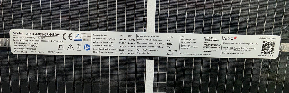 AIKO Neostar 2P+ 485W Solarmodul Typenschild und Aufkleber