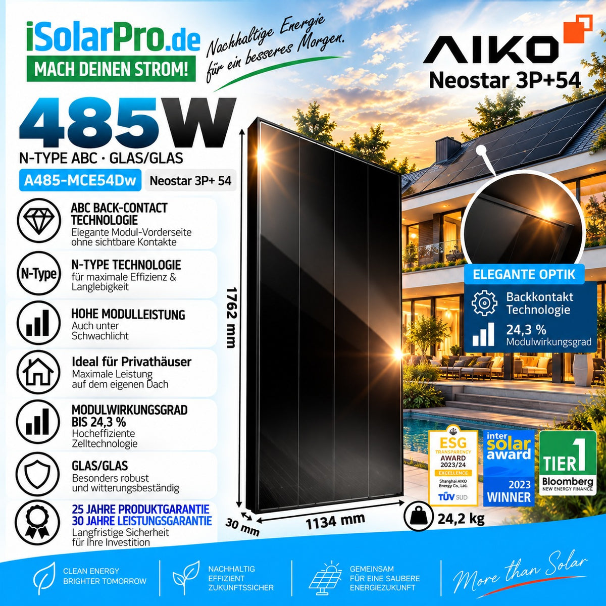 485W AIKO Neostar 3P+ 54 A485-MCE54Dw · ABC Back-Contact · Glas/Glas N-Type - 1762x1134x30 mm Solarpanel Solarmodul Photovoltaik