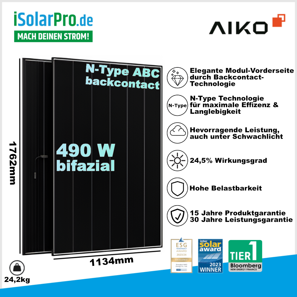 490W AIKO Neostar 3P+ 54 A-MCE54Dw · ABC Back-Contact · Glas/Glas N-Type - 1762x1134x30 mm Solarpanel Solarmodul Photovoltaik